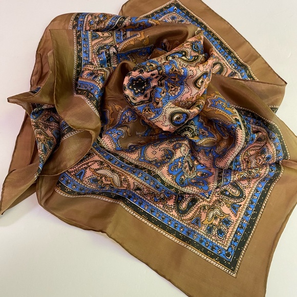 Vintage Accessories - Vintage silk scarf square tan blue paisley print